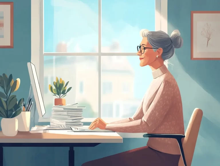 Cartoon graphic of a 50-something woman sitting at a desk with a laptop and plant next to a blue wall with a window preparing for her Legacy Project