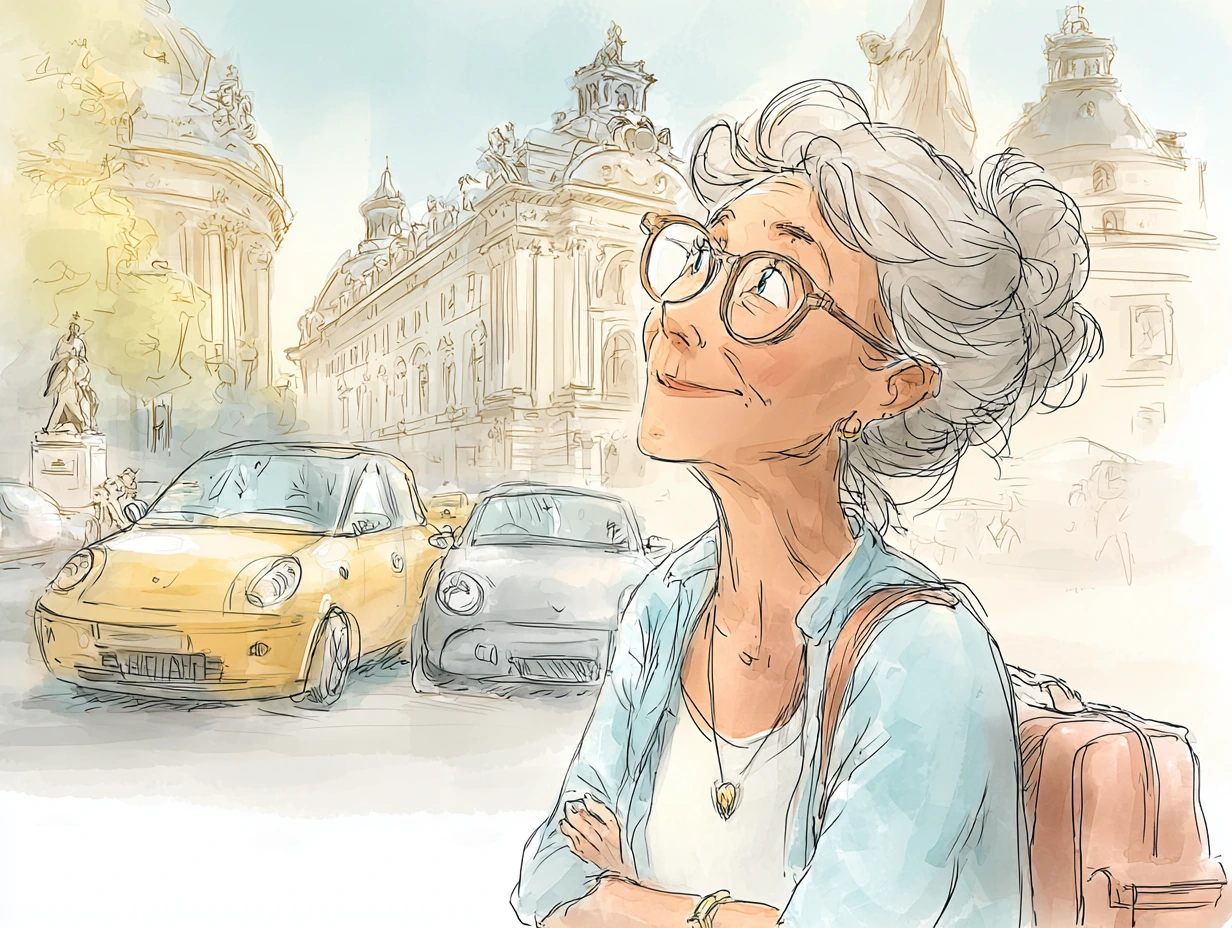 Cartoon graphic of a 50-something woman wearing a backpack looking up at the scenery with cars in the background as if she were crossing the street.