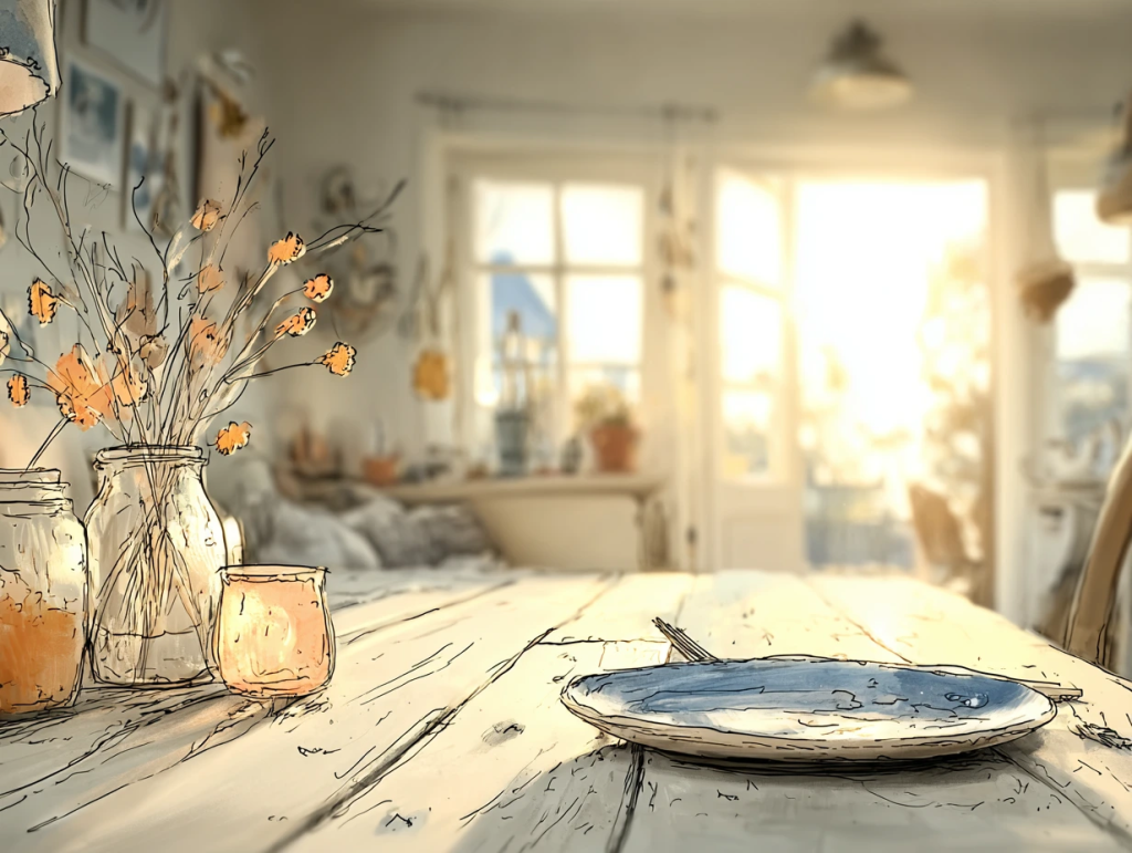 Soft, watercolor-style illustration of a sunlit dining room with an empty plate, chopsticks, and mason jars filled with dried flowers on a rustic wooden table. The peaceful morning light and simple setting reflect the grounding power of everyday moments, reinforcing why rituals matter when building daily rhythms.