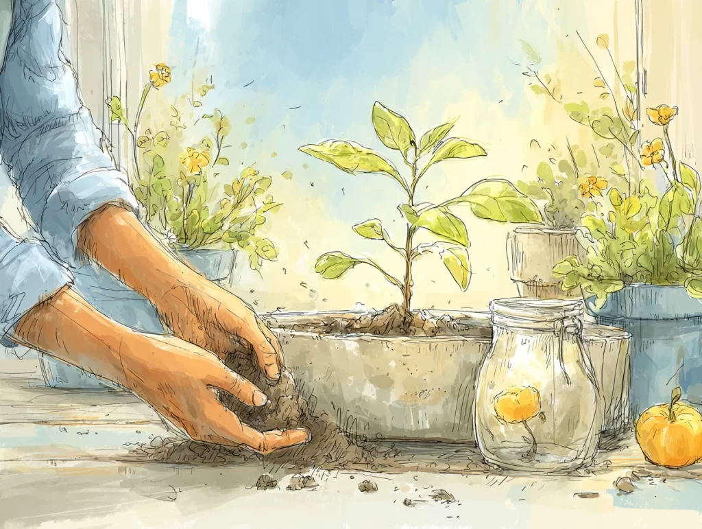 Watercolor-style illustration of hands gently planting a seedling in a pot, surrounded by blooming flowers, soil, and a glass jar holding a single flower. The peaceful indoor gardening scene symbolizes how building daily rituals is like planting seeds—small, intentional actions that grow over time.