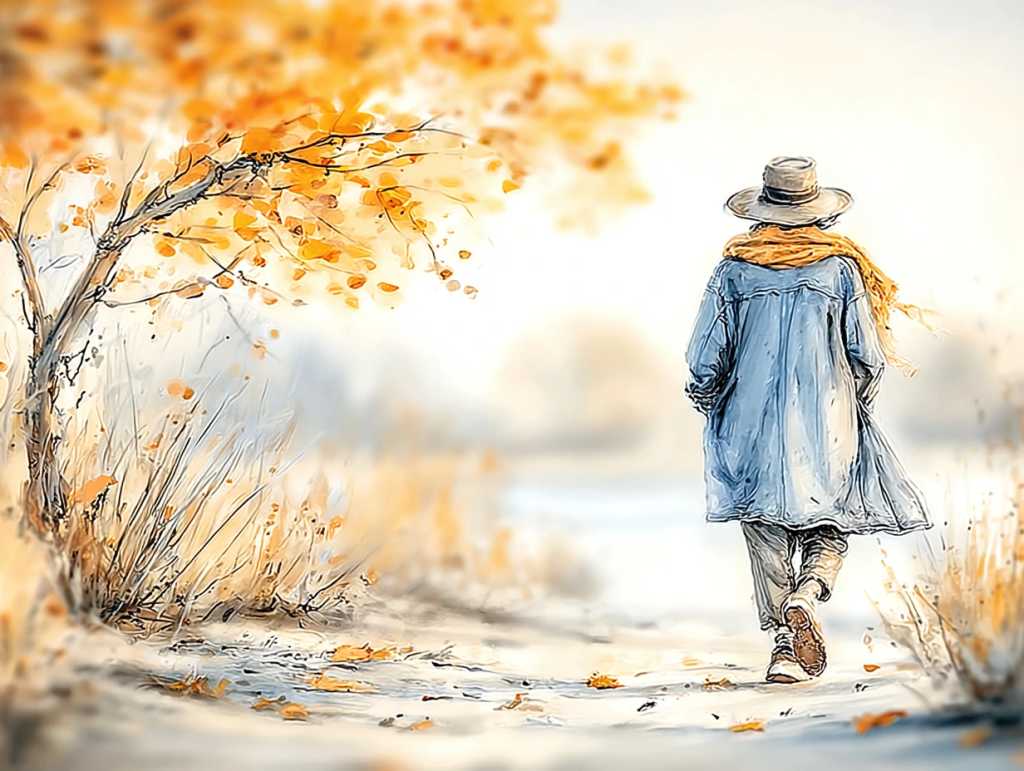 Watercolor-style illustration of a person walking alone down a peaceful path lined with autumn leaves, wearing a long coat, scarf, and wide-brimmed hat. The soft morning light and golden foliage evoke the quiet grounding of morning rituals and the importance of starting the day with intention.