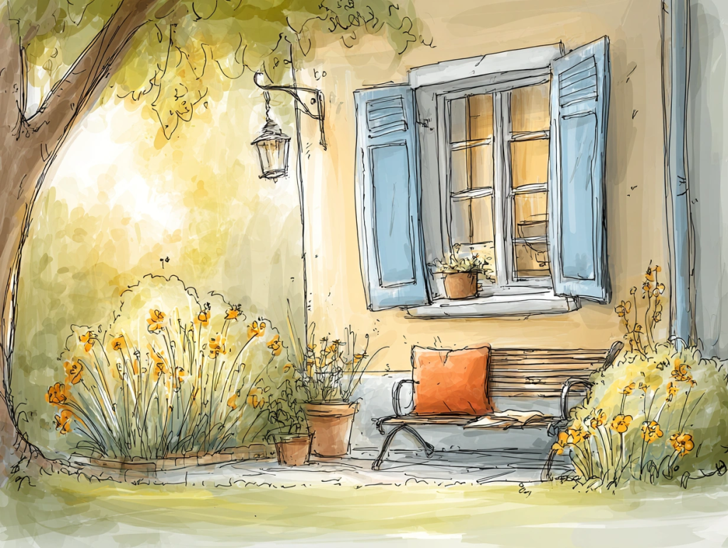 Watercolor-style illustration of a peaceful garden scene with a wooden bench, orange pillow, and cozy blanket beneath a window with blue shutters. Surrounded by blooming flowers and dappled sunlight, the space reflects a gentle rhythm with room to breathe, capturing the essence of building daily rituals that support rest and renewal.