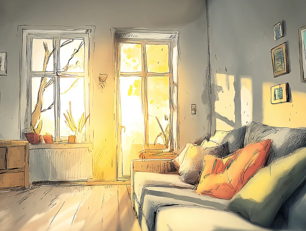 Warm watercolor-style illustration of a cozy living room bathed in golden evening light, with soft pillows on a couch and potted plants on the windowsill. The inviting glow and tranquil setting evoke the calming power of evening rituals to unwind and reset at the end of the day.