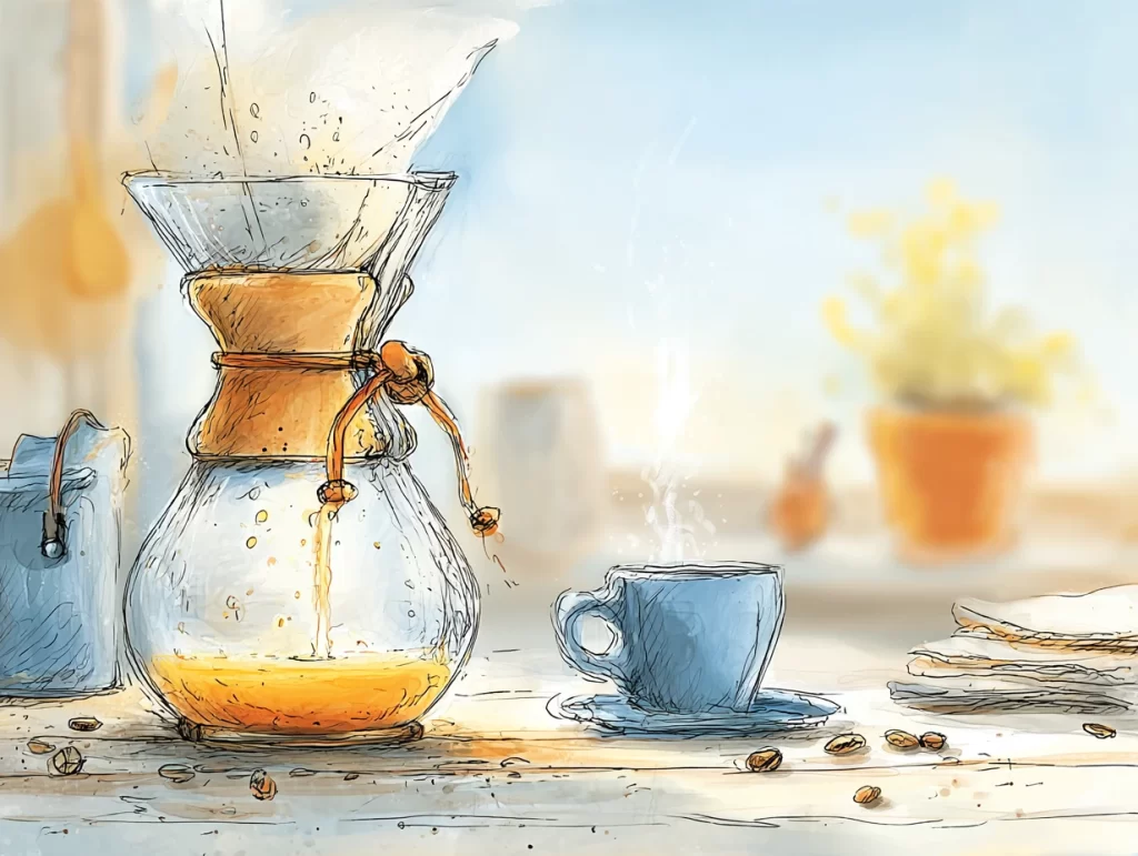 Watercolor-style illustration of a pour-over coffee brewing into a glass carafe beside a steaming blue cup, scattered coffee beans, and folded napkins on a sunny kitchen counter. The warm, mindful scene highlights the subtle difference between routine and ritual, emphasizing how small daily moments can become meaningful with intention.