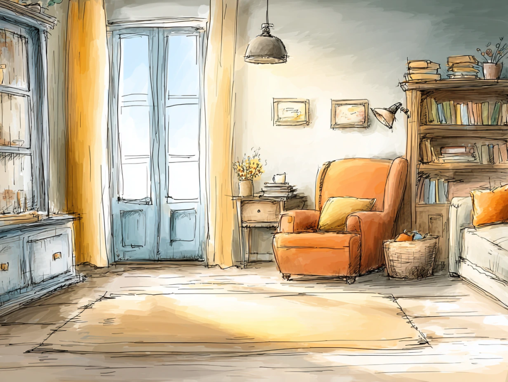 Cozy watercolor-style illustration of a sunlit living room with an orange armchair, bookshelves, a soft rug, and light streaming through tall blue doors. The warm, quiet space reflects common feelings in solo living—peaceful yet introspective—highlighting how daily rituals can offer grounding and comfort.