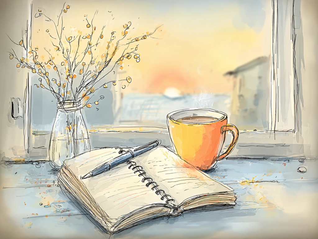Watercolor-style illustration of a peaceful morning scene with an open journal, pen, and a steaming orange mug on a blue windowsill, beside a glass jar filled with delicate yellow-berry branches. The soft sunrise glow suggests a quiet, intentional moment, encouraging the practice of building creative rituals to rediscover your creative voice.