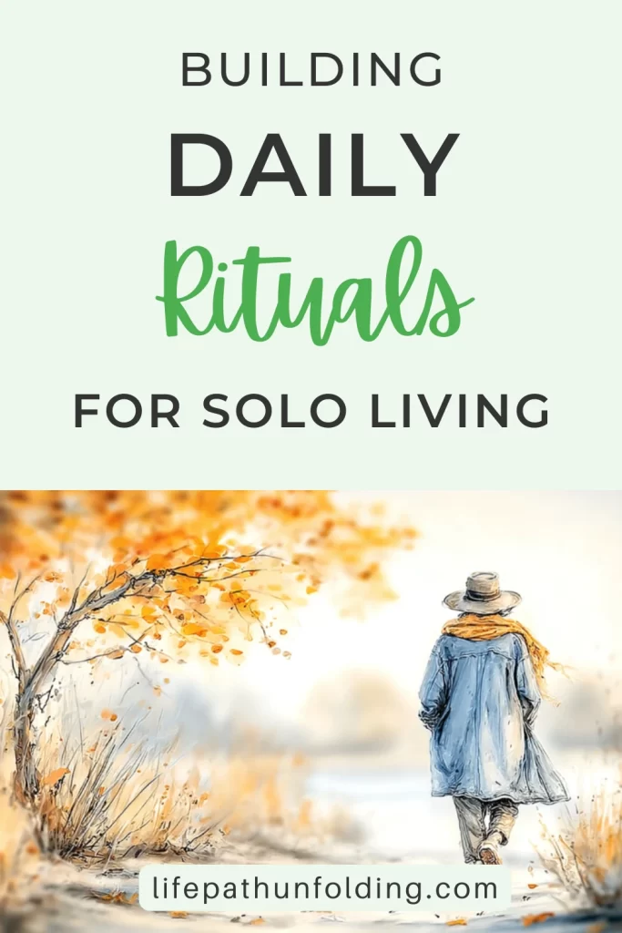Pinterest pin with the phrase “Building Daily Rituals for Solo Living” above a peaceful autumn illustration. The image shows a person in a long coat and hat walking along a tree-lined path with golden leaves, evoking a sense of calm and mindful routine. Website "lifepathunfolding.com" is displayed at the bottom.