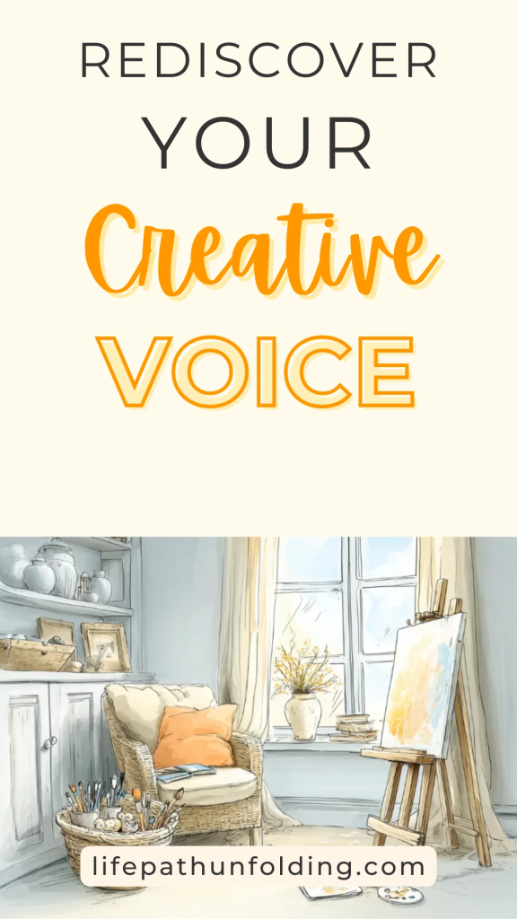 Illustrated Pinterest pin with the phrase “Rediscover Your Creative Voice” in bold and playful fonts. The lower half shows a cozy art studio with a wicker chair, orange pillow, basket of paintbrushes, and a sunlit easel by the window. The website "lifepathunfolding.com" is displayed at the bottom.