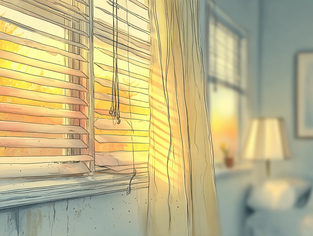 Soft, watercolor-style illustration of sunlight streaming through window blinds and sheer curtains, casting golden light into a peaceful room with a lamp and cozy chair. The warm glow suggests quiet inspiration, inviting you to go looking for sparks as you rediscover your creative voice.