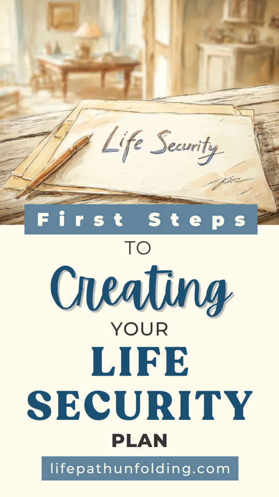 Illustrated Pinterest pin with a soft, warm background of a cozy home interior. A stack of papers labeled “Life Security” with a pen rests on a wooden table. Below the image, bold text reads: “First Steps to Creating Your Life Security Plan.” The website “lifepathunfolding.com” appears at the bottom.