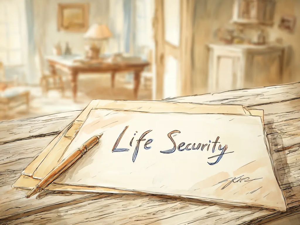 Hand-drawn style image of a wooden desk with a labeled folder titled "Life Security" in bold script, accompanied by a gold pen. The softly blurred background of a cozy, sunlit home office suggests thoughtful preparation, emphasizing the importance of creating a life security plan.