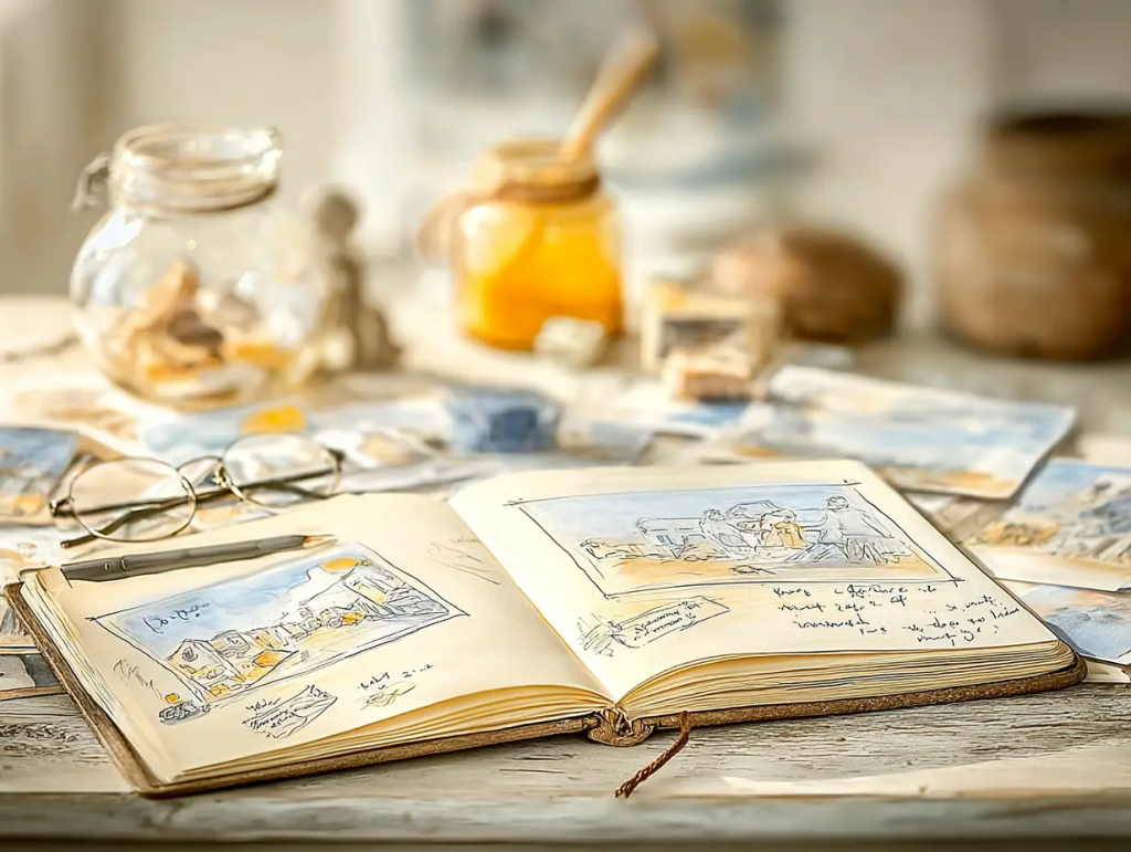Open sketchbook filled with watercolor drawings and handwritten notes, surrounded by scattered art pieces, a jar of honey, and eyeglasses on a rustic table. The nostalgic setup invites reflection and creative reconnection, encouraging you to look back at what used to light you up as you rediscover your creative voice.