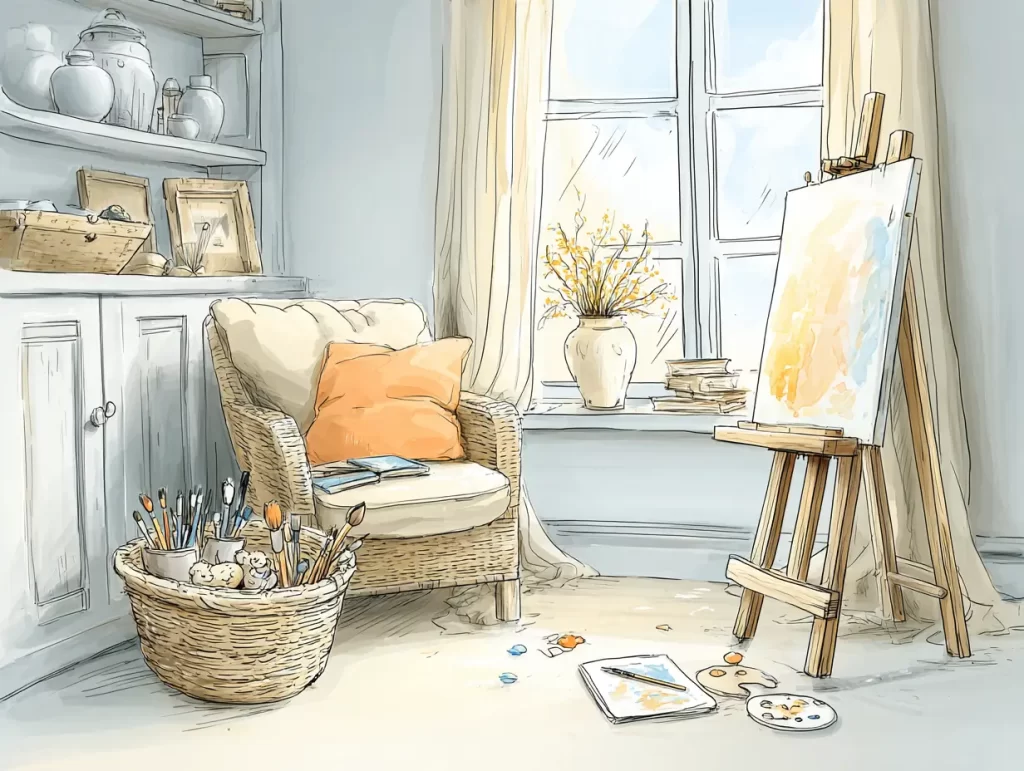 Cozy, sunlit corner with a cushioned chair, art supplies in a woven basket, and a canvas on an easel partially painted in soft tones. Surrounded by books, brushes, and gentle light, the scene captures a welcoming studio vibe, encouraging you to make space for creativity to breathe and rediscover your creative voice.