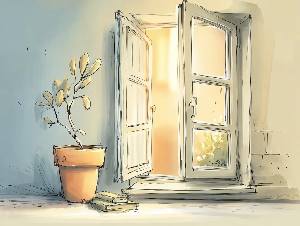 Softly lit illustration of an open door letting in warm sunlight, with a small potted plant and two closed books resting on the floor nearby. The peaceful setting conveys a sense of calm and readiness, symbolizing the peace of mind that comes with having a life security plan.