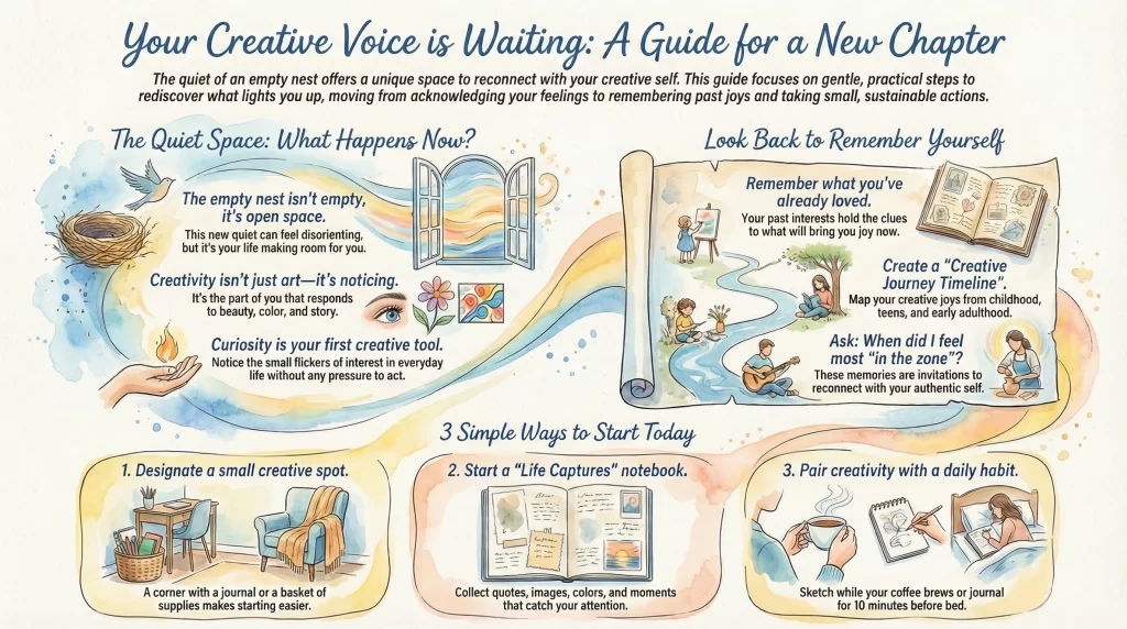 Illustrated infographic titled “Your Creative Voice is Waiting: A Guide for a New Chapter,” offering gentle guidance for reconnecting with your creative self. It covers reflections on quiet space, remembering past joys, and includes three simple steps: designate a small creative spot, start a “Life Captures” notebook, and pair creativity with a daily habit. Designed in soft, watercolor visuals to inspire readers to rediscover their creative voice with ease and warmth.
