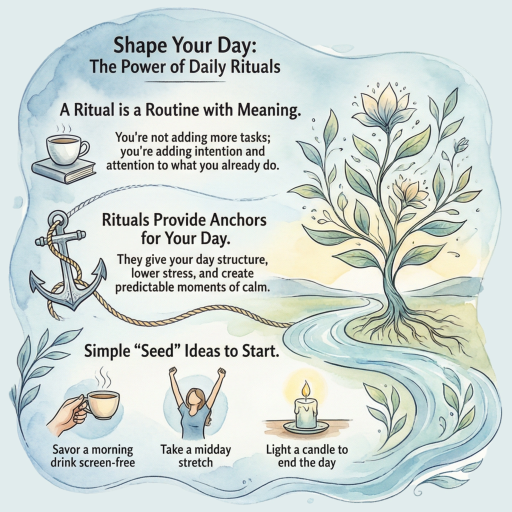 Illustrated infographic titled “Shape Your Day: The Power of Daily Rituals,” featuring calming watercolor imagery of a tree, river, anchor, and simple self-care icons. It defines a ritual as a routine with meaning, explains how rituals provide anchors for your day, and suggests easy ways to start—like savoring a morning drink, taking a midday stretch, or lighting a candle to end the day. Designed to gently encourage building daily rituals for calm and intention.