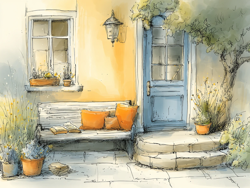 Watercolor-style illustration of a cozy front porch with a blue door, white bench, and orange pillows, surrounded by potted plants and an open book resting on the seat. The inviting outdoor space captures the gentle message that a simple start still counts when you're ready to rediscover your creative voice.