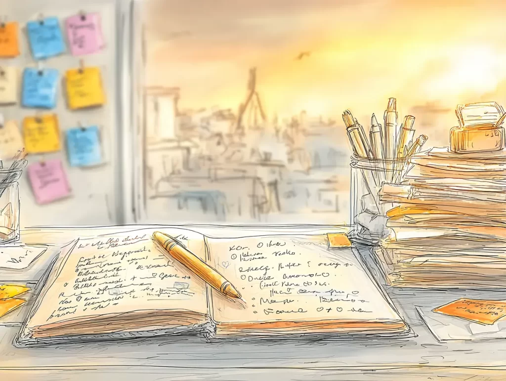 Artistic illustration of an open notebook filled with handwritten notes and a gold pen resting on the pages, surrounded by stacks of papers and jars of pens on a desk. A wall of colorful sticky notes and a glowing city skyline at sunset suggest thoughtful planning and organization, reflecting the idea of building a life security plan starting from where you are.