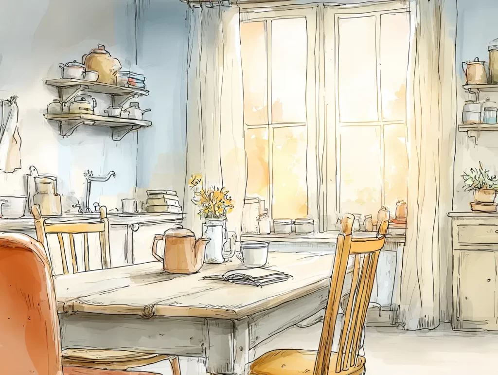 Warm, softly illustrated kitchen scene with morning light streaming through tall windows, highlighting a rustic wooden table set with a teapot, mug, open notebook, and vase of yellow flowers. The calm, inviting space evokes stillness and reflection, ideal for rediscovering your creative voice in a peaceful environment.