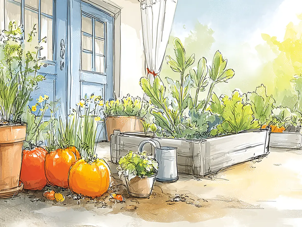 Bright watercolor illustration of a home garden with raised beds full of leafy greens, potted flowers, a watering can, and pumpkins near a blue front door. The scene suggests care, growth, and preparation, offering a visual metaphor for how building a life security plan is like planting a garden: starting small, nurturing over time, and reaping lasting benefits.