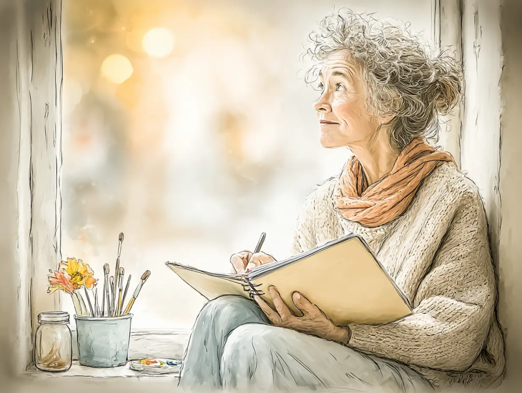 Watercolor-style illustration of an older woman sitting by a window, holding a sketchbook and pen with a gentle, thoughtful expression. Surrounded by paintbrushes, a jar, and soft light, the scene captures a quiet moment of inspiration, symbolizing the process of tuning in to creative whispers and rediscovering your creative voice.