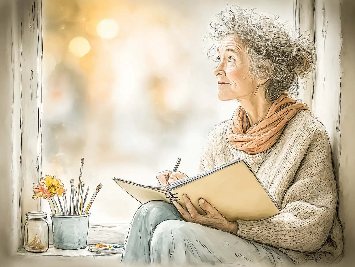 Watercolor-style illustration of an older woman sitting by a window, holding a sketchbook and pen with a gentle, thoughtful expression. Surrounded by paintbrushes, a jar, and soft light, the scene captures a quiet moment of inspiration, symbolizing the process of tuning in to creative whispers and rediscovering your creative voice.