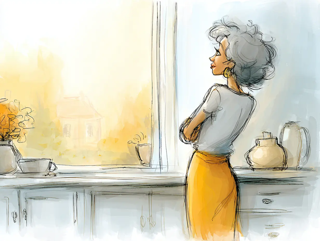 Watercolor-style illustration of a woman with short gray hair standing by a bright kitchen window, arms crossed, looking out pensively at a soft, golden landscape. The scene evokes reflection and quiet strength, aligning with themes of preparing for the future and having a life security plan.