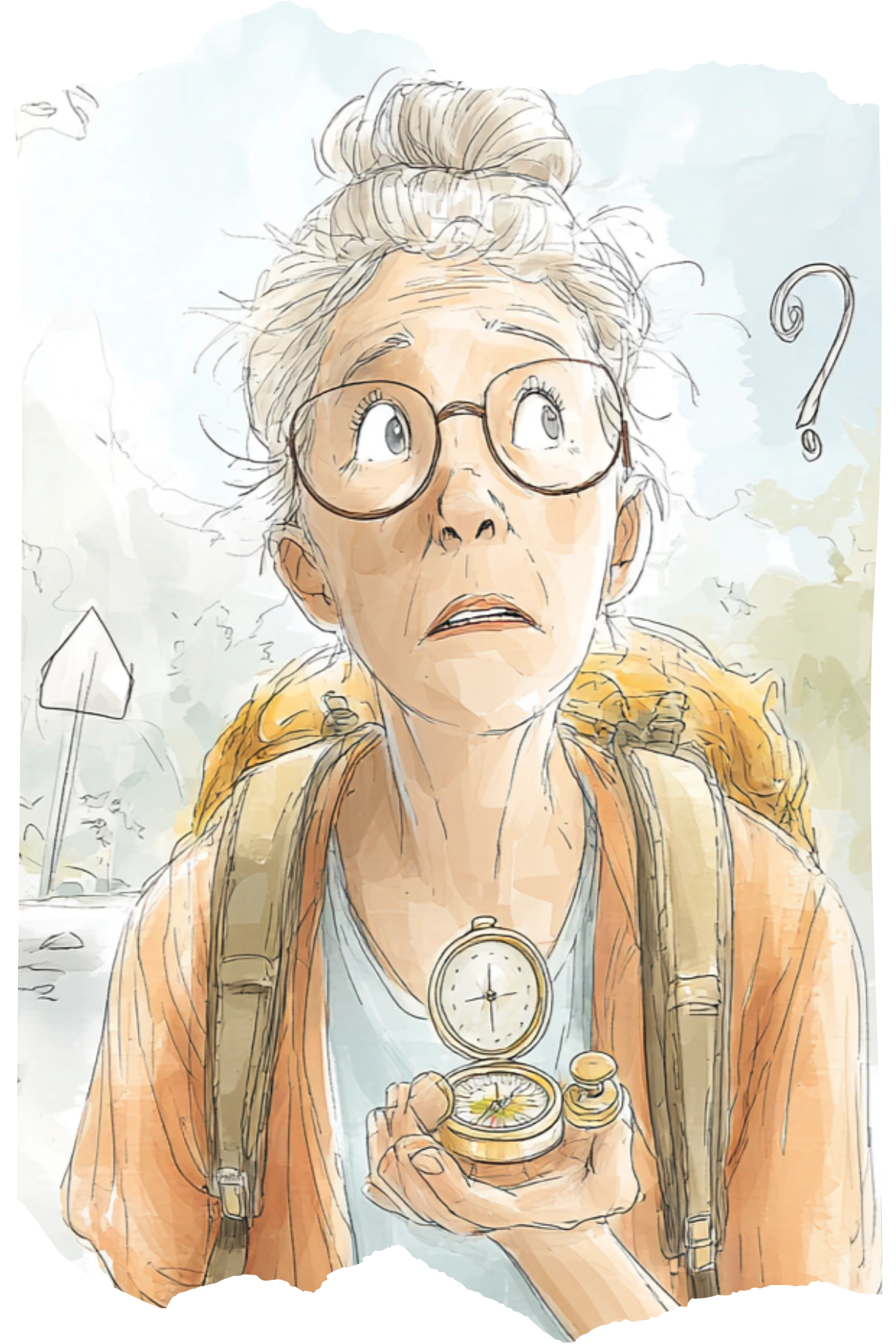 Cartoon image of a woman hiker holding a compass with a confused look on her face. There is a big question mark beside her and a sign in the background. 