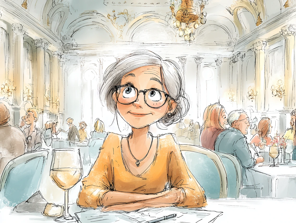 Cartoon image of a woman sitting at a dining table in a restaurant alone enjoying her celebration building new traditions for one