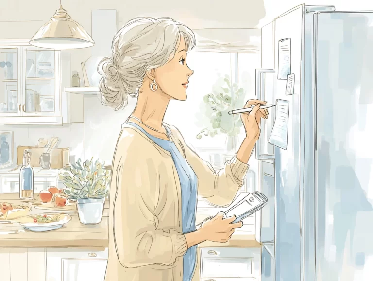 Cartoon image of an older woman writing in her kitchen writing on a piece of paper that is on the front of her refrigerator for her emergency contact list