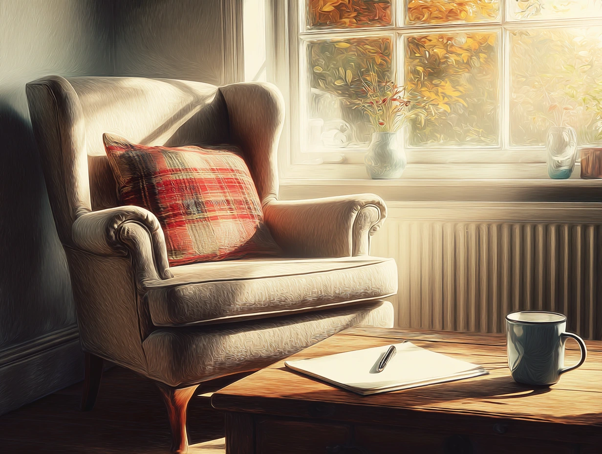 Creative Expression Through Journaling image of a cozy corner with a comfy chair, pillow, table with journal, pen, and mug, next to a window with soft sunlight.