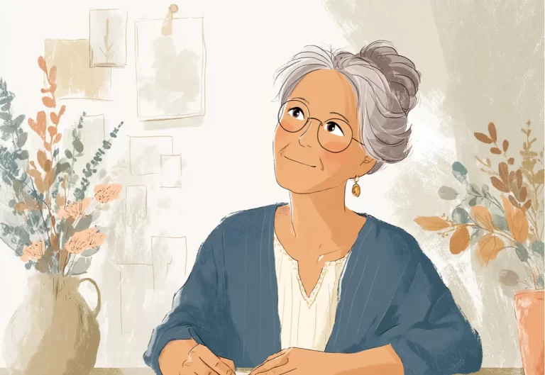 Cartoon graphic of a 55-year-old woman sitting at a table with a journal and pen thinking. A vase of flowers is next to her.