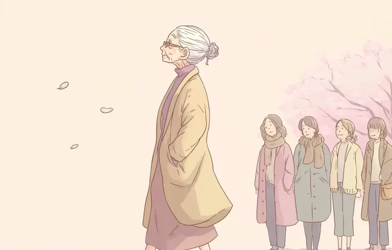 Experience to Wisdom - graphic with a pink hue shows women of different ages in the background and an older woman walking along the sidewalk in front of them signifying the wisdom that comes from experience.