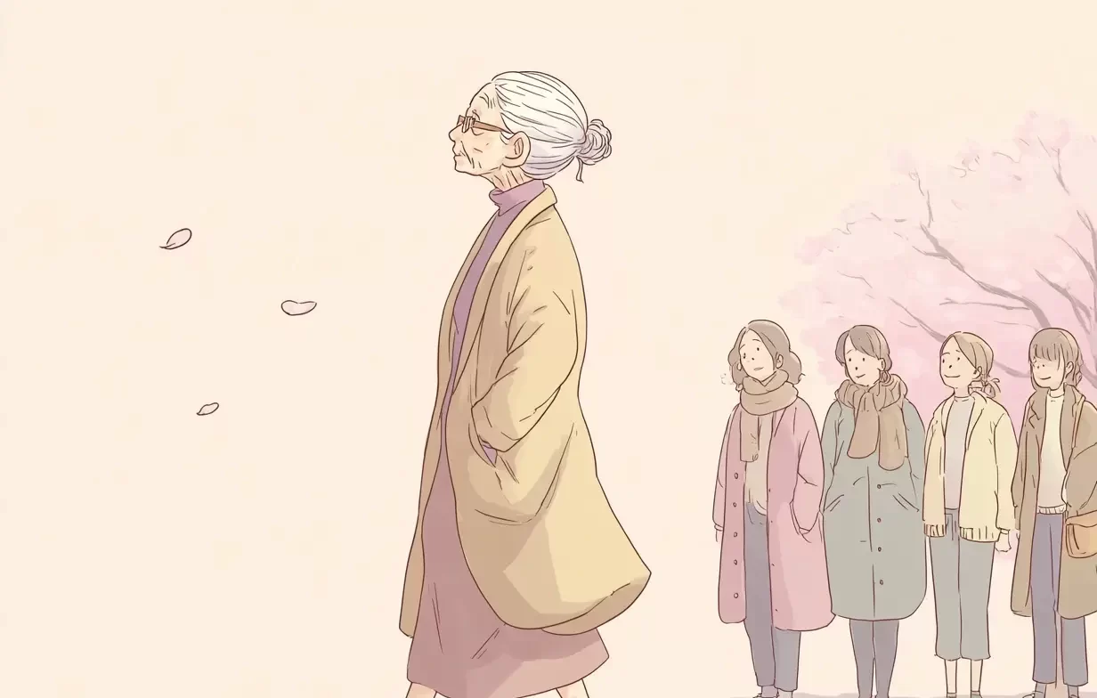 Experience to Wisdom - graphic with a pink hue shows women of different ages in the background and an older woman walking along the sidewalk in front of them signifying the wisdom that comes from experience.