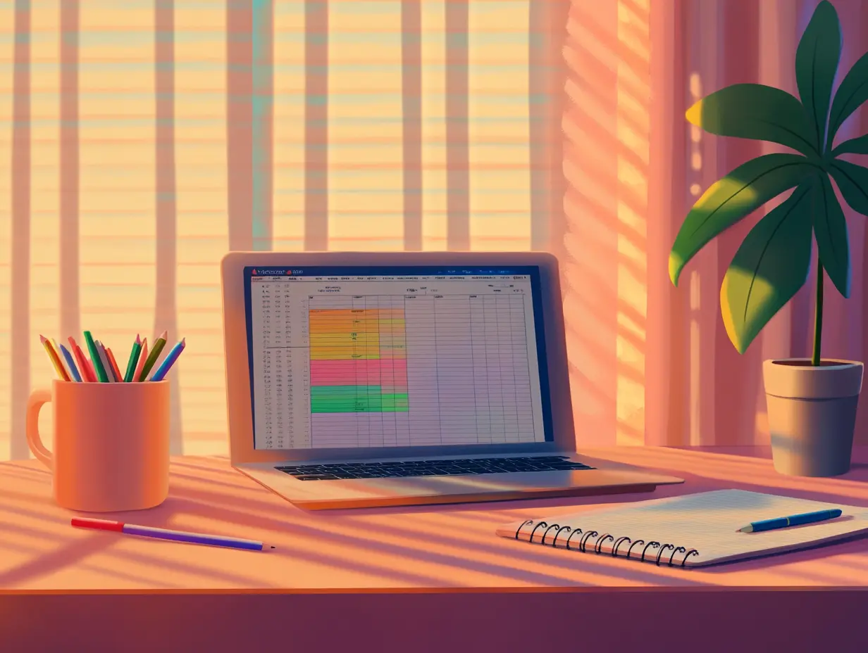 A desk under a window with a mug of pens and pencils, a laptop, a notebook, and a plant. Financial Security Basics.