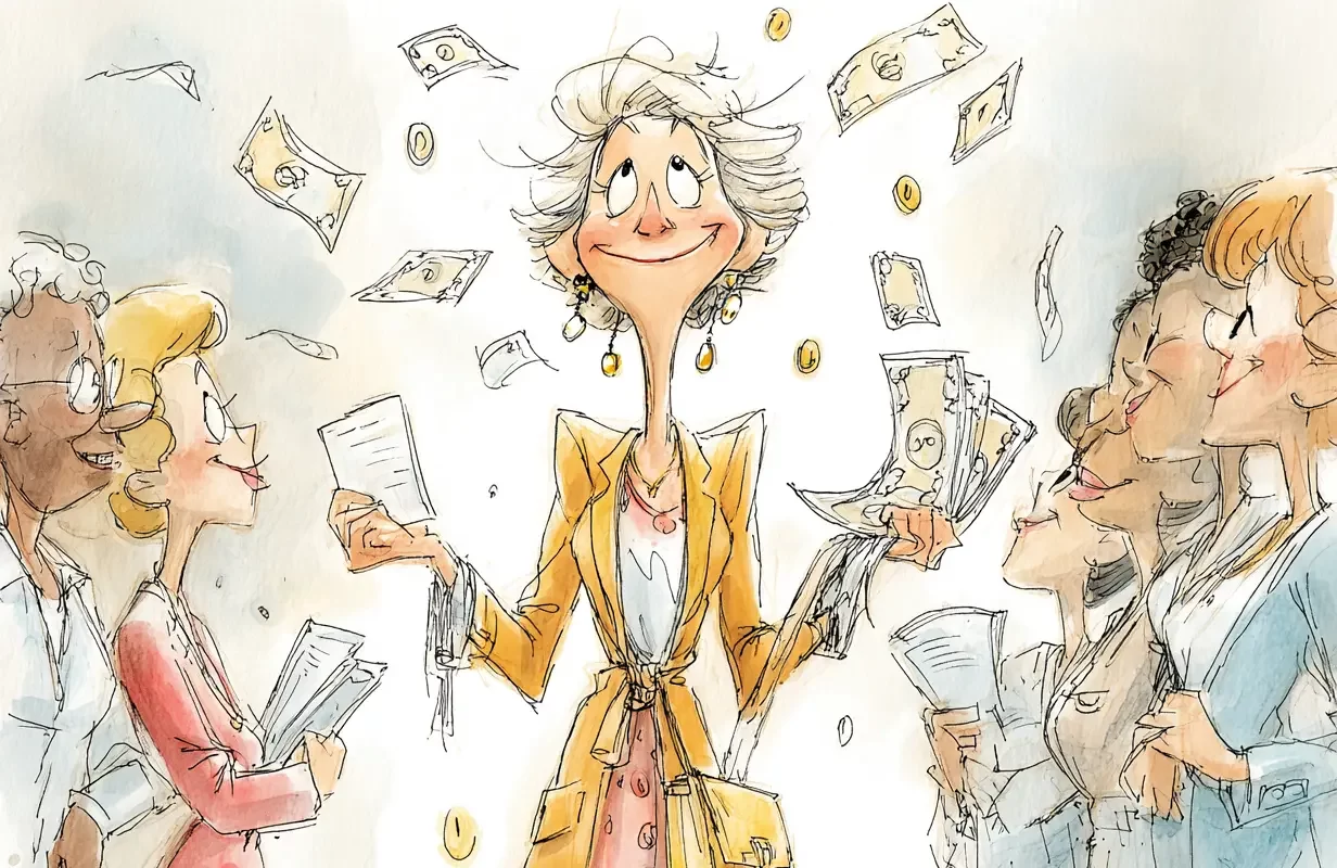 Cartoon graphic of a 50-something woman, money floating around her in the air surrounded by the women in her financial support network