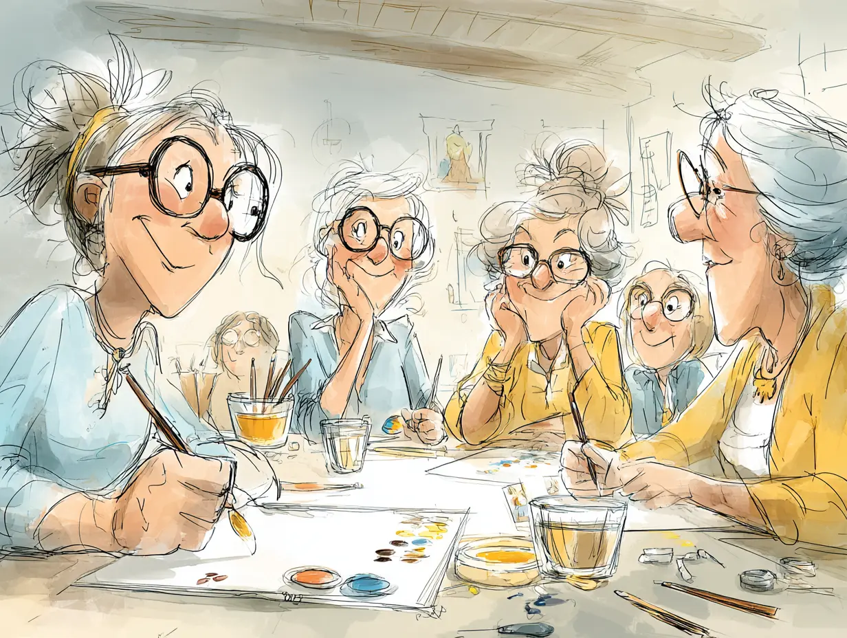 Cartoon graphic of older women in a community of creators around a table painting