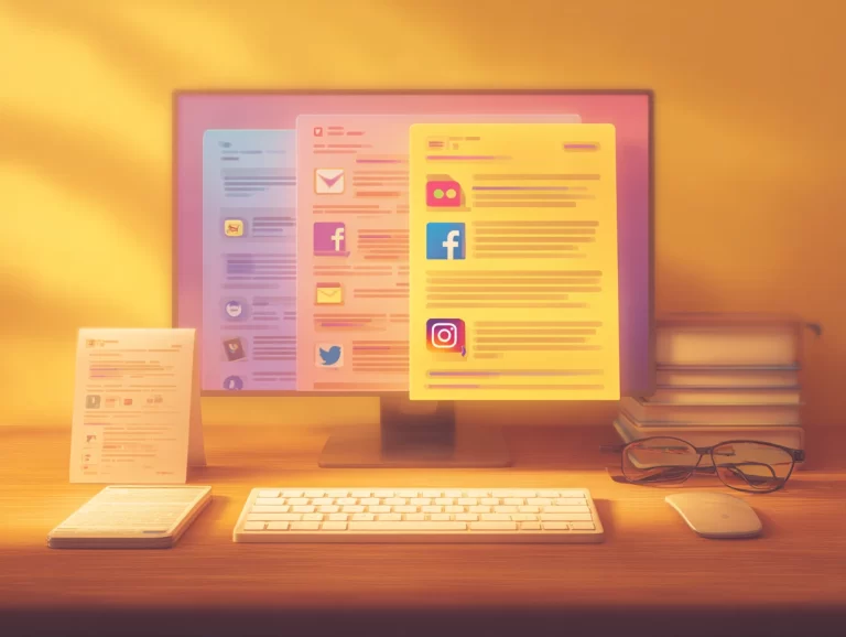 Cartoon graphic of a desk with computer screen showing digital legacy documents