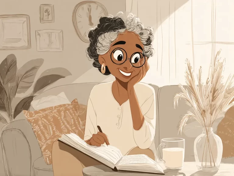 Cartoon graphic of an woman of color sitting on the sofa with a notebook and pen working on identifying her core values