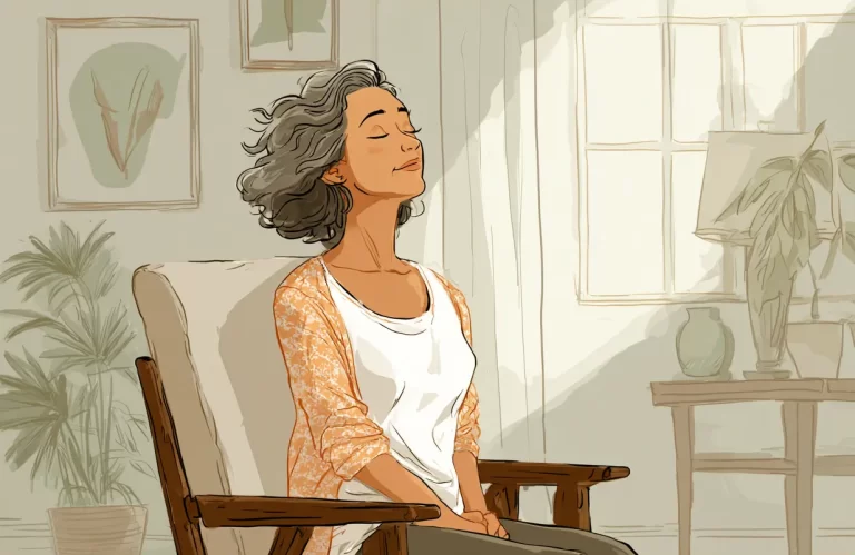 A cartoon graphic of a 50-something woman of color sitting in a comfortable chair with her hands in her lap and eyes closed practicing her morning ritual.