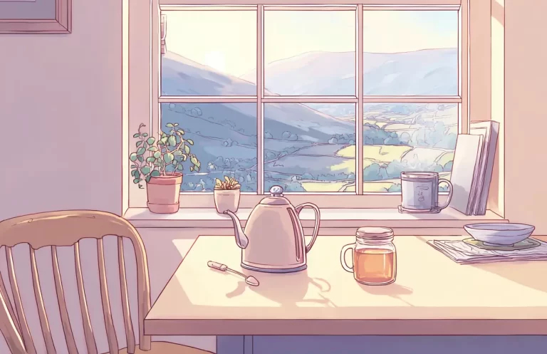 Graphic with a dining table and chair. Tea kettle, honey, with a view of rolling hills out the window.