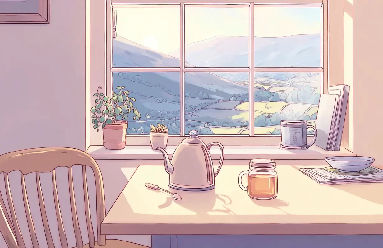 Graphic with a dining table and chair. Tea kettle, honey, with a view of rolling hills out the window.