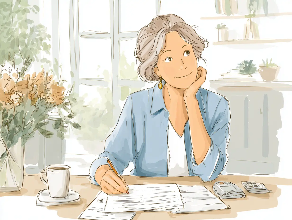 Cartoon graphic of a woman sitting at a table with papers, pen, coffee in front of her contemplating her long term care desires.