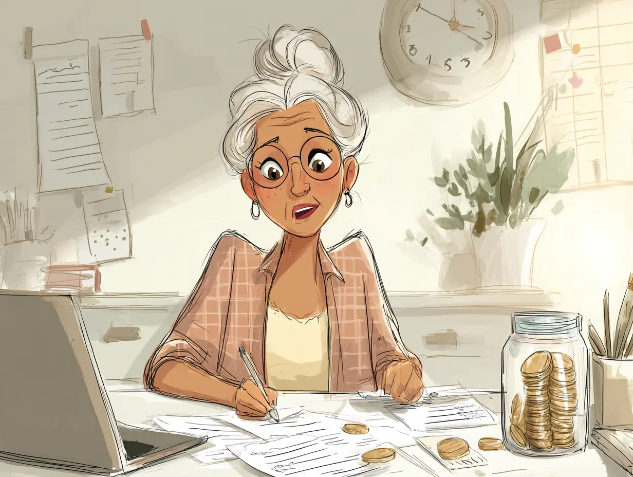 Cartoon image of a woman sitting at her desk with a jar of coins in front of her, writing on paper, with her laptop off to the side.
