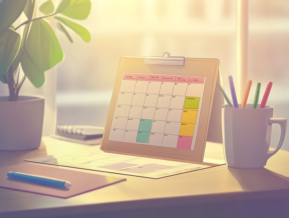 Cartoon graphic of a desktop with a clipboard monthly calendar page, a white mug of colored pens, and a plant.