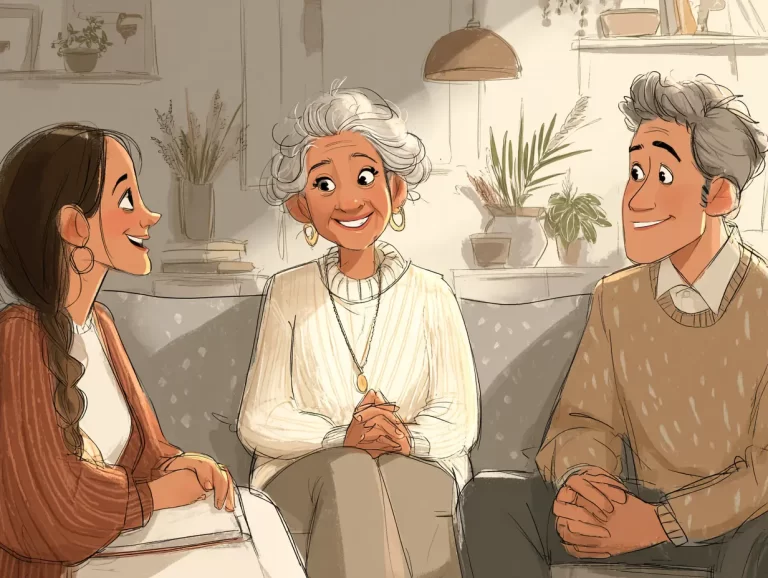 Cartoon graphic of a mom and her two adult children having a conversation on the sofa in the living room.