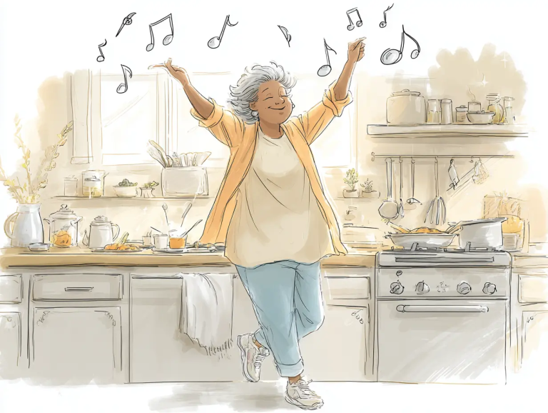 Cartoon image of a woman dancing in her kitchen with musical notes hanging in the air.