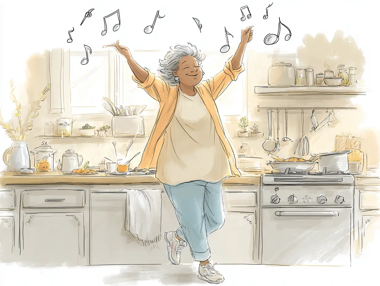 Cartoon image of a woman dancing in her kitchen with musical notes hanging in the air.