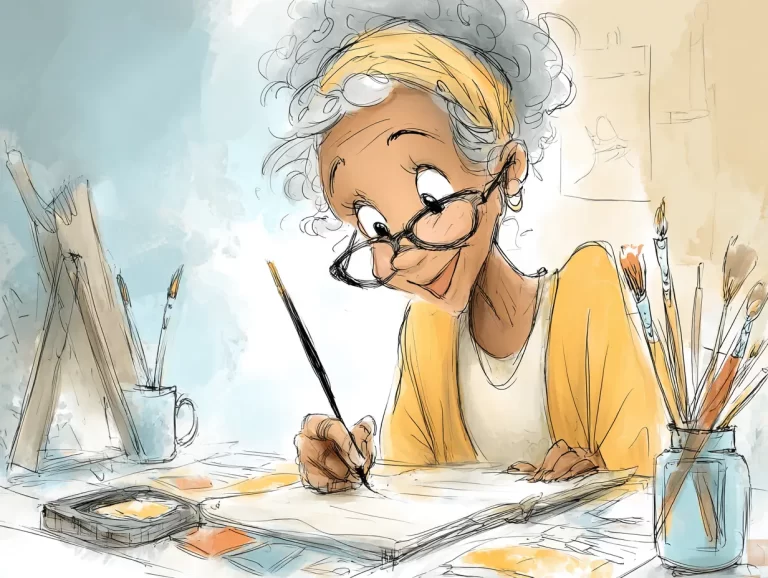 A cartoon graphic of an older black woman at a desk with paint and brushes and paper, focusing on painting.