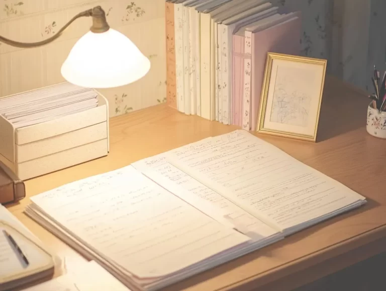 Cartoon desktop with feminine books, a framed photograph, a box of papers, and an open notebook with a lamp shining on it.